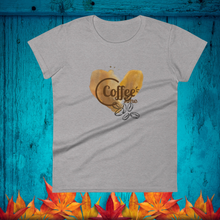 Load image into Gallery viewer, womens fitted heather grey t-shirt with image phrase coffee time in brown font, with image graphic of a heart shaped coffee stain, coffee beans