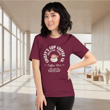 Load image into Gallery viewer, woman modeling unisex maroon t-shirt with image phrase chiefys cup coffee club, with phrase may your day be blessed and your coffee be strong, with image graphic of a cup with coffee , heart shaped froth in cup
