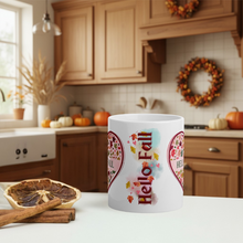 Load image into Gallery viewer, White mug with 'Hello Fall' design in a kitchen setting