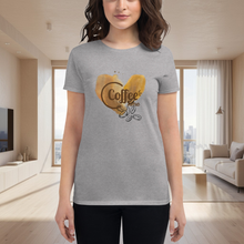 Load image into Gallery viewer, Woman modeling womens fitted heather grey t-shirt with image phrase coffee time in brown font, with image graphic of a heart shaped coffee stain, coffee beans