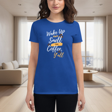 Load image into Gallery viewer, Person wearing a blue t-shirt with a humorous coffee-themed design in a modern living room.
