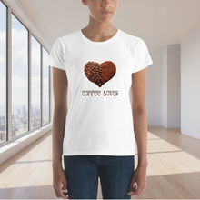 Load image into Gallery viewer, Person wearing a white t-shirt with a heart-shaped coffee design and 'COFFEE LOVER' text in a modern