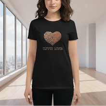 Load image into Gallery viewer, Woman modeling womens fitted Black t-shirt with image phrase coffee lover in brown font, with image graphic of a heart shape half filled with whole coffee beans, half filled with ground coffee