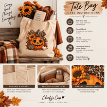 Load image into Gallery viewer, A styled product infographic for a beige tote bag by Chidy's Cup, featuring a pumpkin and leopard-print design. The image includes a main product shot, a 'Tote Bag Care Instructions' panel, and three feature panels highlighting its durability, spaciousness, and vibrant print.