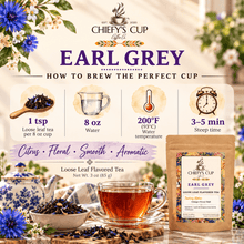 Load image into Gallery viewer, Chiefy's Cup Earl Grey loose leaf flavored tea advertisement showing brewing instructions, tea ingredients, a teapot, a cup of brewed tea, and the product pouch.