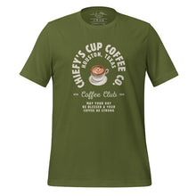 Load image into Gallery viewer, unisex olive t-shirt with image phrase chiefys cup coffee club, with phrase may your day be blessed and your coffee be strong, with image graphic of a cup with coffee , heart shaped froth in cup