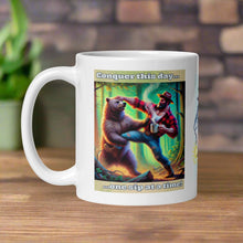 Load image into Gallery viewer, Left side view of a white glossy mug featuring the phrase "Conquer this day one sip at a time" and a watercolor design of a lumberjack fighting off a bear in a forest with one hand while holding a cup of coffee in the other, set against a yellow-green background.