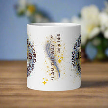 Load image into Gallery viewer, Back side view of the white glossy mug with the phrase "I am the way," alongside the Bible verse John 14:6, with golden and blue sparkles in the background.