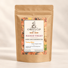 Load image into Gallery viewer, A kraft paper stand-up pouch of Chiefy's Cup Tea Co. Mango Treat loose leaf flavored tea, featuring a colorful label with tropical fruit illustrations on a light beige background.