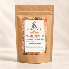 Load image into Gallery viewer, A 2 oz kraft paper stand-up pouch of Chiefy's Cup Coffee Co. 'Peach Paradise' loose leaf flavored tea, featuring a colorful label with peach and orange floral illustrations on a light beige background.