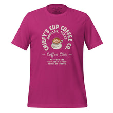 Load image into Gallery viewer, Berry-colored unisex t-shirt featuring the Chiefy’s Cup Coffee Co. Coffee Club logo. The design includes a steaming coffee cup illustration and the uplifting phrase “May your day be blessed and your coffee be strong,” displayed on a bright background for a cheerful, inviting look.