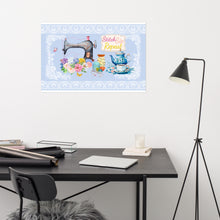 Load image into Gallery viewer, Front view 24″×36″ wall art  with image image phrase stitch sip repeat, with image design vintage sewing machine, with floral bouquet, with sewing accessories, with vintage kettle with cup and saucer, with lace border, with light blue background