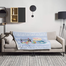 Load image into Gallery viewer, Front view  50″×60″ throw blanket  with image image phrase stitch sip repeat, with image design vintage sewing machine, with floral bouquet, with sewing accessories, with vintage kettle with cup and saucer, with lace border, with light blue background