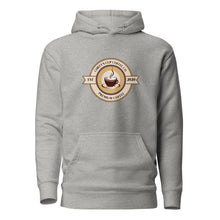 Load image into Gallery viewer, A light gray pullover hoodie with a circular coffee-themed graphic on the chest. The graphic features a coffee cup illustration and the text 'Chiefy's Cup Coffee Co' and 'Premium Coffee' along with 'EST 2020.