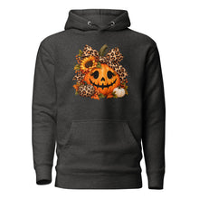 Load image into Gallery viewer, A charcoal heather gray pullover hoodie featuring a graphic print of a jack-o'-lantern with a leopard-print bow, sunflowers, and autumn leaves on the chest.