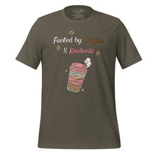 Load image into Gallery viewer, unisex army green t-shirt with image phrase fueled by coffee and kindness, with image graphic of a pink cup with coffee and steam, coffee beans, gold sparkles