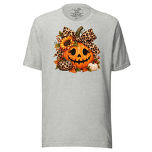 Load image into Gallery viewer, A athletic heather short-sleeve t-shirt with a Halloween graphic on the chest. The graphic features a jack-o'-lantern pumpkin decorated with a leopard-print bow, sunflowers, and smaller pumpkins.