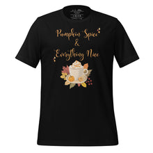 Load image into Gallery viewer, unisex black t-shirt with image phrase Pumpkin spice and everything nice, with image graphic of a cup with pumpkin spice coffee and cream, fall leaves, mini pumpkin