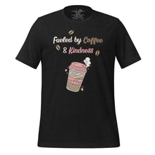 Load image into Gallery viewer, unisex black heather t-shirt with image phrase fueled by coffee and kindness, with image graphic of a pink cup with coffee and steam, coffee beans, gold sparkles