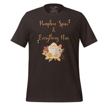 Load image into Gallery viewer, unisex brown t-shirt with image phrase Pumpkin spice and everything nice, with image graphic of a cup with pumpkin spice coffee and cream, fall leaves, mini pumpkin