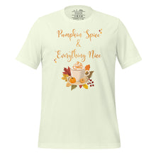 Load image into Gallery viewer, unisex citron light yellow t-shirt with image phrase Pumpkin spice and everything nice, with image graphic of a cup with pumpkin spice coffee and cream, fall leaves, mini pumpkin