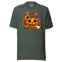Load image into Gallery viewer, A heather forest short-sleeve t-shirt with a Halloween graphic on the chest. The graphic features a smiling jack-o'-lantern pumpkin decorated with a leopard-print bow, a sunflower, and smaller pumpkins, set against a plain white background.