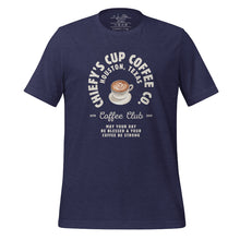 Load image into Gallery viewer, unisex heather midnight t-shirt with image phrase chiefys cup coffee club, with phrase may your day be blessed and your coffee be strong, with image graphic of a cup with coffee , heart shaped froth in cup