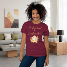 Load image into Gallery viewer, woman modeling wearing unisex maroon t-shirt with image phrase Pumpkin spice and everything nice, with image graphic of a cup with pumpkin spice coffee and cream, fall leaves, mini pumpkin