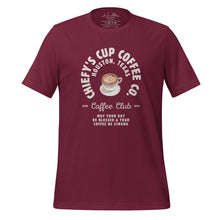 Load image into Gallery viewer, unisex maroon t-shirt with image phrase chiefys cup coffee club, with phrase may your day be blessed and your coffee be strong, with image graphic of a cup with coffee , heart shaped froth in cup