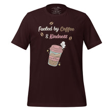Load image into Gallery viewer, unisex oxblood black t-shirt with image phrase fueled by coffee and kindness, with image graphic of a pink cup with coffee and steam, coffee beans, gold sparkles