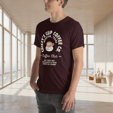 Load image into Gallery viewer, man modeling unisex oxblood black t-shirt with image phrase chiefys cup coffee club, with phrase may your day be blessed and your coffee be strong, with image graphic of a cup with coffee , heart shaped froth in cup