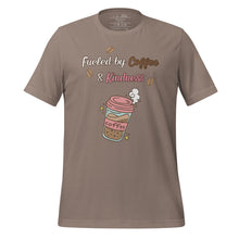 Load image into Gallery viewer, unisex pebble t-shirt with image phrase fueled by coffee and kindness, with image graphic of a pink cup with coffee and steam, coffee beans, gold sparkles