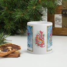 Load image into Gallery viewer, Back side view of a white glossy mug with the phrase "Merry Christmas," featuring golden stars, holly, and a bright yellow and light green background.