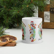 Load image into Gallery viewer, Back side view of a white glossy mug with an image of cute penguins surrounded by presents, one holding a beautifully decorated Christmas tree, with aurora borealis lights, a golden streak, and golden sparkles in the background.