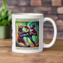 Load image into Gallery viewer, Right side view of a white glossy mug featuring the phrase "Conquer this day one sip at a time" and a watercolor design of a lumberjack fighting off a bear in a forest with one hand while holding a cup of coffee in the other, set against a yellow-green background.