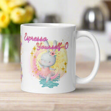 Load image into Gallery viewer, Right side view white glossy mug with image phrase "Espresso Yourself-o," featuring a watercolor bunny ballerina dancing in a small puddle of water surrounded by pastel yellow and pink glitter and pink swirls.