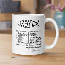 Load image into Gallery viewer, Right side view white glossy mug with image design of the Greek acronym for fish, with Bible verse John 8:12