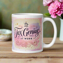Load image into Gallery viewer, Right side view of a white glossy mug with a watercolor image of the phrase “Tax Genius at Work,” set against a pastel pink, purple, and gold glitter background.