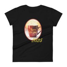 Load image into Gallery viewer, Womens fitted black t-shirt with image phrase happy new year 2025, with image design of a bright red coffee cup surrounded with golden sparkles, with smoky bright reddish yellow hues in the background.