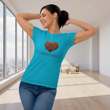 Load image into Gallery viewer, Woman modeling womens fitted caribbean bluet-shirt with image phrase coffee lover in brown font, with image graphic of a heart shape half filled with whole coffee beans, half filled with ground coffee