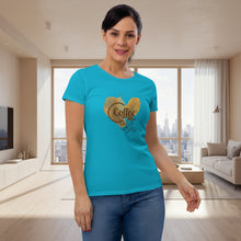 Load image into Gallery viewer, Woman modeling womens fitted caribbean blue t-shirt with image phrase coffee time in brown font, with image graphic of a heart shaped coffee stain, coffee beans