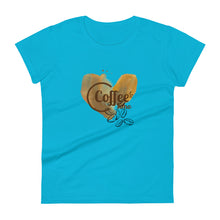 Load image into Gallery viewer, womens fitted caribbean blue t-shirt with image phrase coffee time in brown font, with image graphic of a heart shaped coffee stain, coffee beans