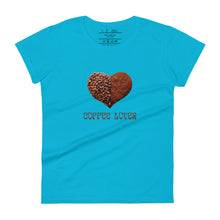 Load image into Gallery viewer, womens fitted caribbean blue t-shirt with image phrase coffee lover in brown font, with image graphic of a heart shape half filled with whole coffee beans, half filled with ground coffee