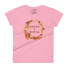 Load image into Gallery viewer, womens fitted charity pink t-shirt with image phrase southern brew and autumn vibes in brown and gold  font, with image graphic of a fall leaf wreath, coffee beans, fall colored leaves