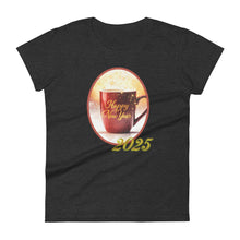Load image into Gallery viewer, Womens fitted heather dark grey t-shirt with image phrase happy new year 2025, with image design of a bright red coffee cup surrounded with golden sparkles, with smoky bright reddish yellow hues in the background.
