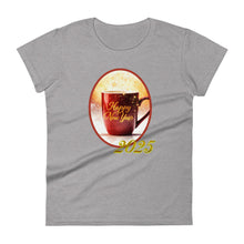 Load image into Gallery viewer, Womens fitted heather grey t-shirt with image phrase happy new year 2025, with image design of a bright red coffee cup surrounded with golden sparkles, with smoky bright reddish yellow hues in the background.