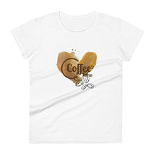 Load image into Gallery viewer, womens fitted white t-shirt with image phrase coffee time in brown font, with image graphic of a heart shaped coffee stain, coffee beans