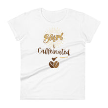 Load image into Gallery viewer, Womens fitted white t-shirt with image phrase blessed and caffeinated, with image graphic of words in coffee oriented hues, coffee beans, brown small hearts