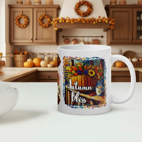 White mug with 'Autumn Bliss' design in a kitchen setting