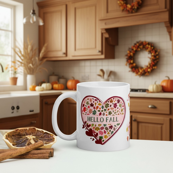 White mug with 'Hello Fall' design in a kitchen setting